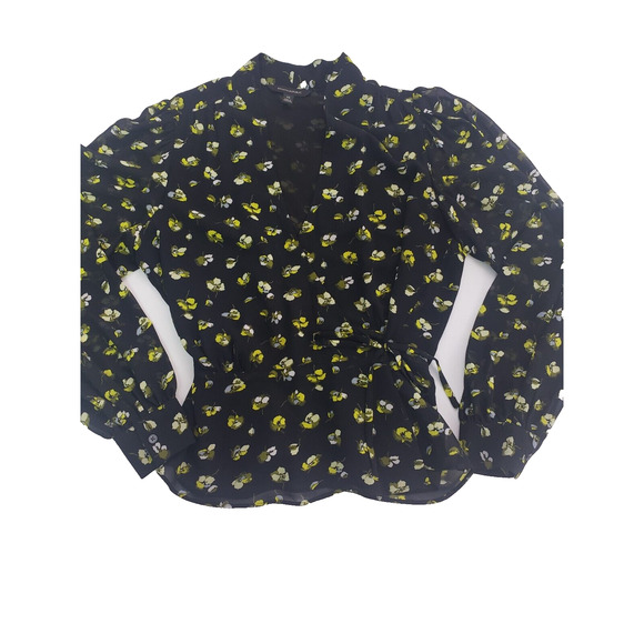 Banana Republic Black Floral Ruffle Faux Wrap Top sz XS Boho Whimsical Fairy - Picture 1 of 10